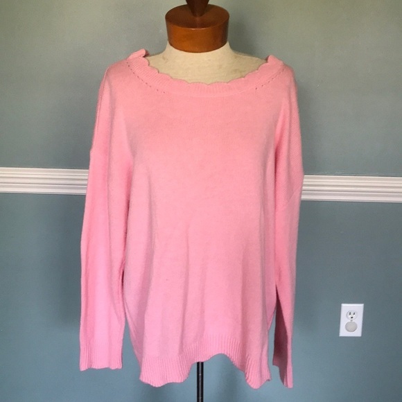 Talbots cotton blend soft pink scalloped edge sweater. XL preppy casual mature - Picture 1 of 7